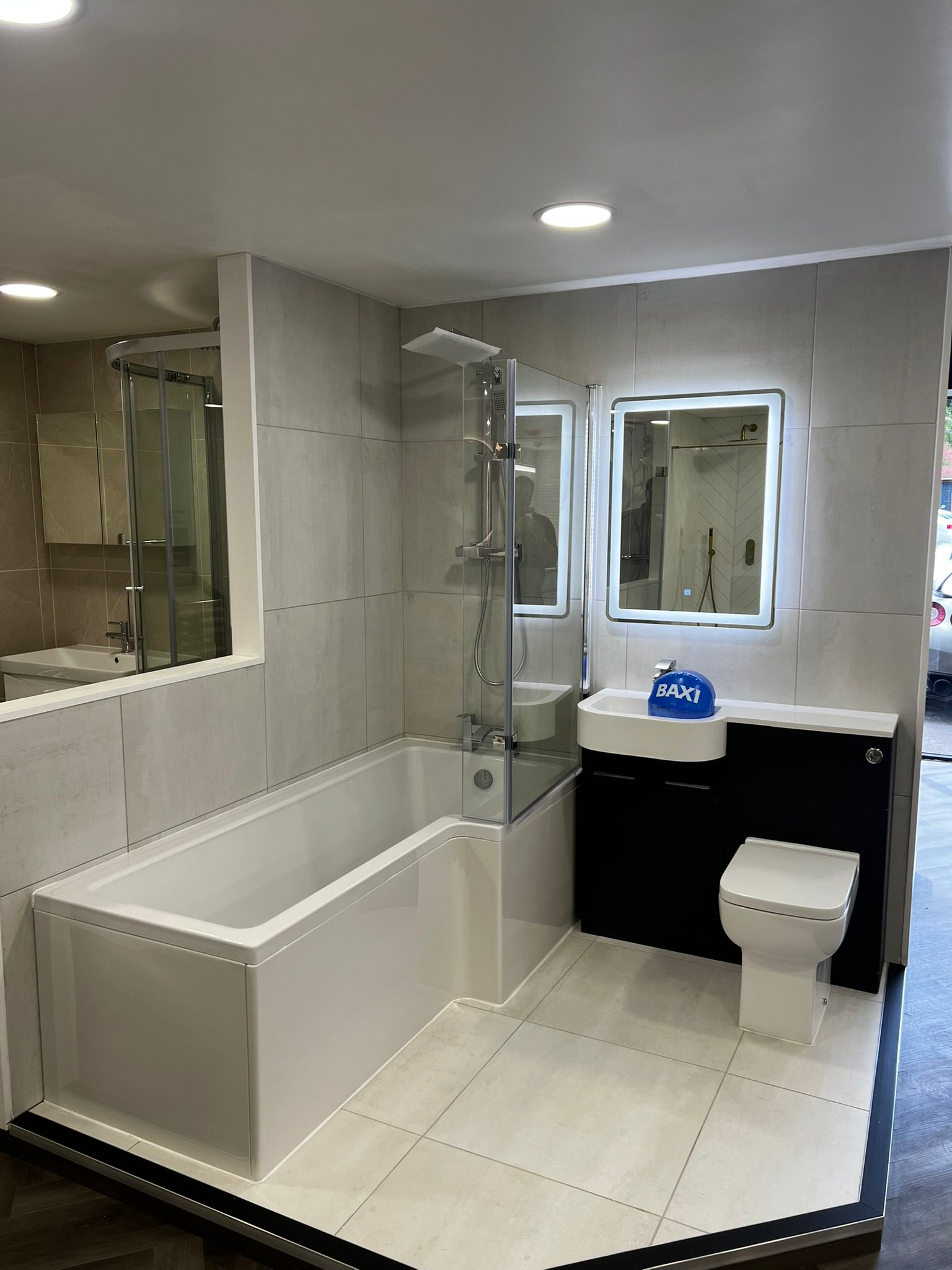 Bath display with herringbone tiles