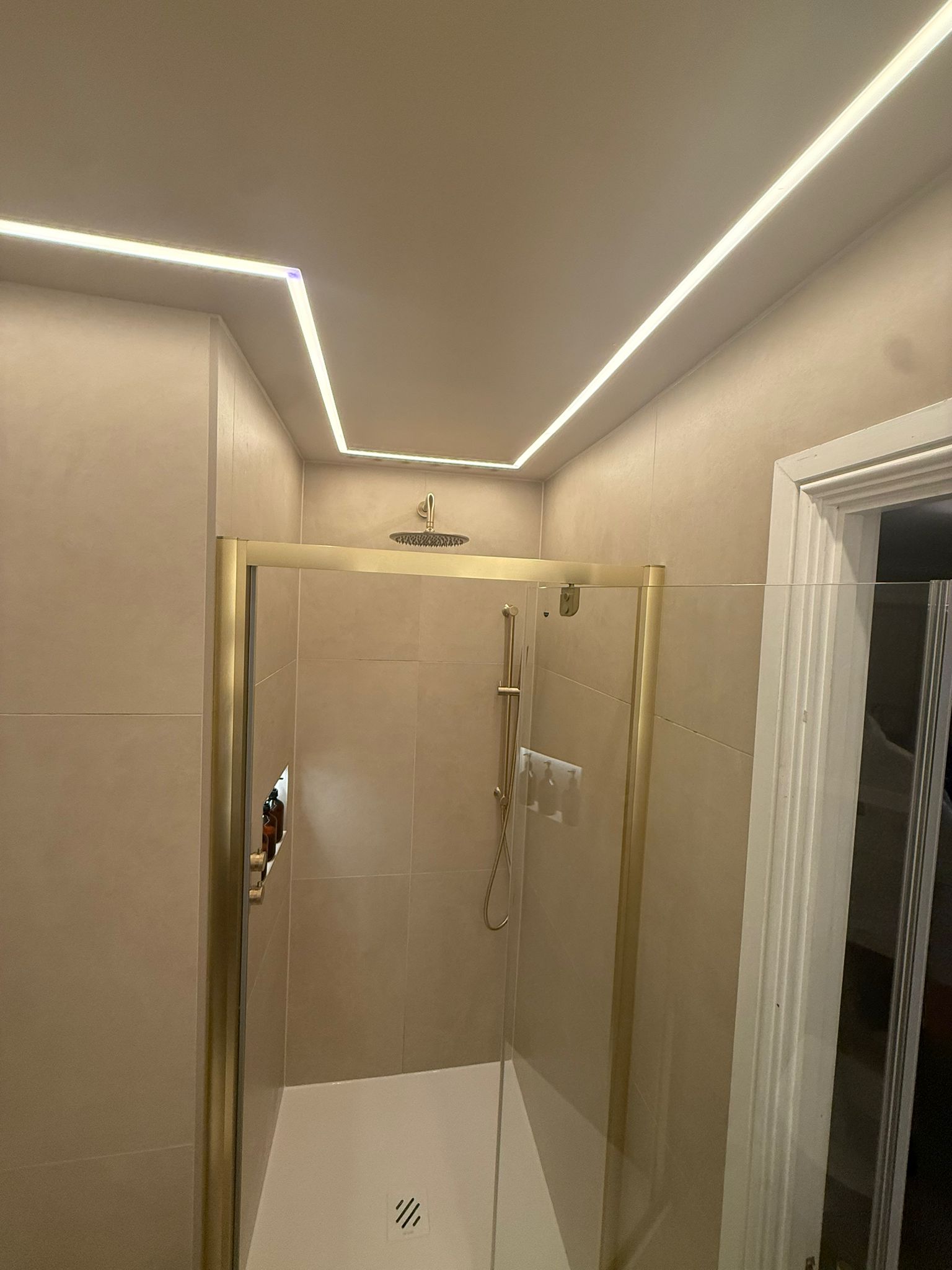 Gold shower enclosure with LED ceiling lighting