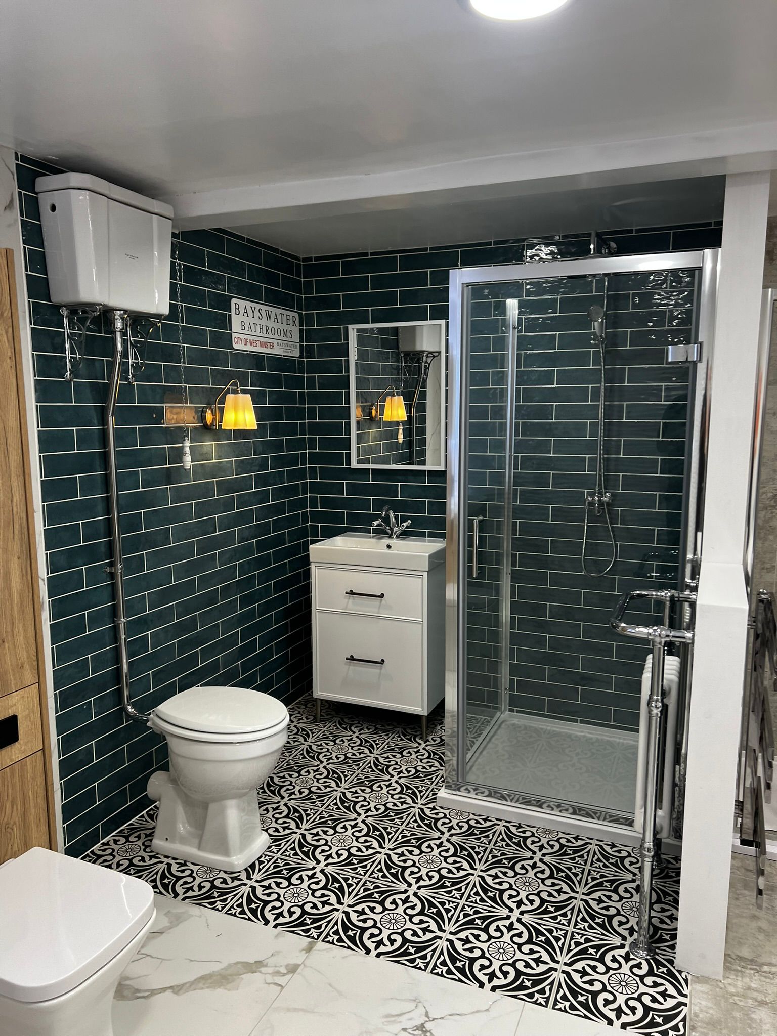Traditional bathroom with teal tiles